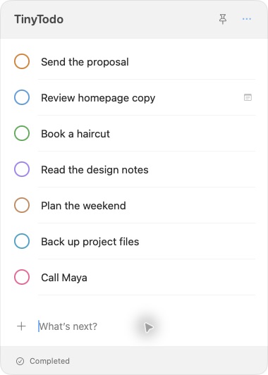 TinyTodo’s compact task list with colored completion rings and a quick entry field.